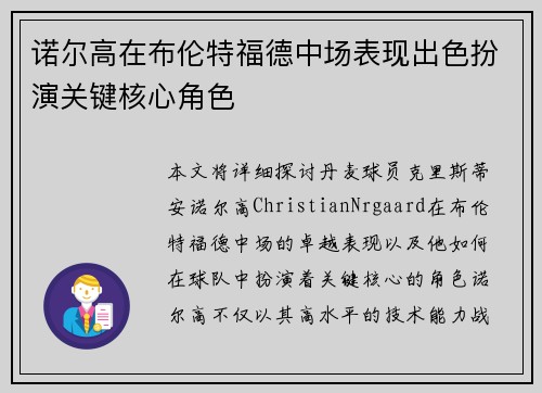 诺尔高在布伦特福德中场表现出色扮演关键核心角色 诺尔高在布伦特福德中场表现出色扮演关键核心角色